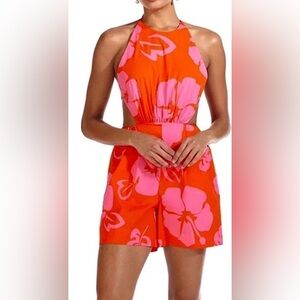 STAUD Printed Halter Neck Georgia Rent the Runway Romper pink and red size 0